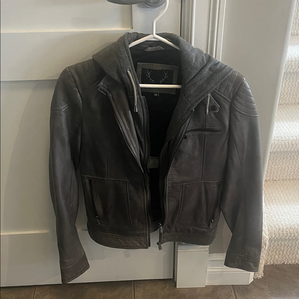 Gray Leather Jacket with Hood
